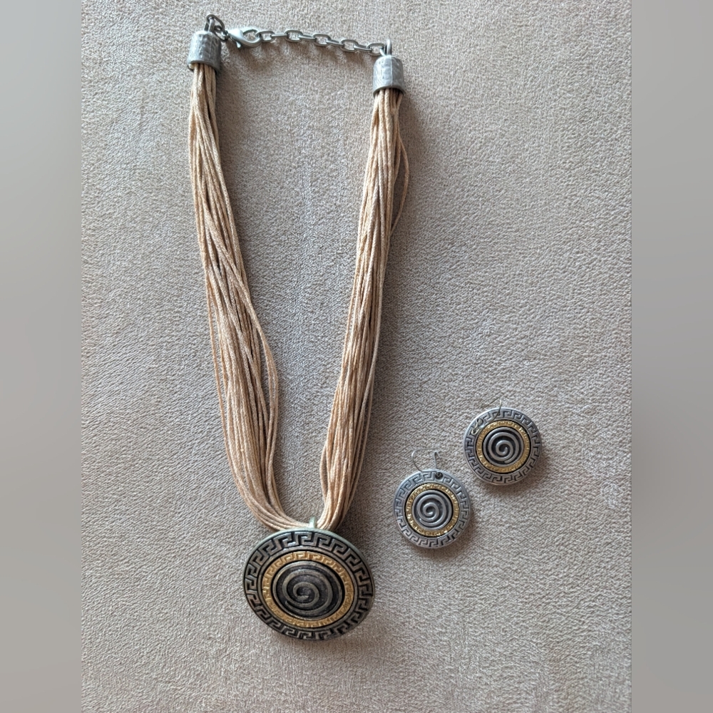 Beige and Gold Statement Pendant Necklace & Earring Set - Women Jewelry